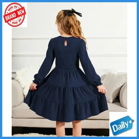 Girls Long Sleeve Boho Party Dress with Pockets Tiered Smocked - Picture 7 of 8